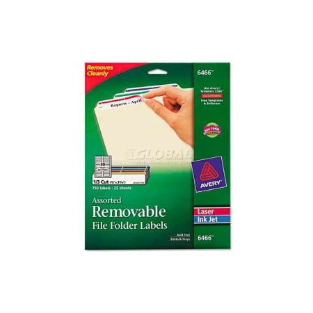 Avery Dennison File Folder Label, 21/32" Label W, 30 Labels per Sheet Green, Yellow, Red, White, Blue 6466